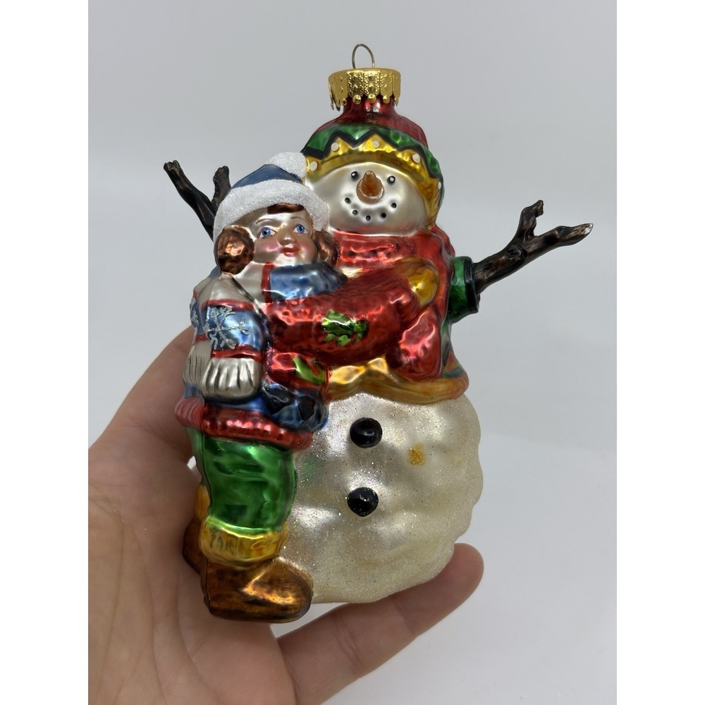 Lg Snowman with Child Christmas Ornament   Hand Painted Blown Glass